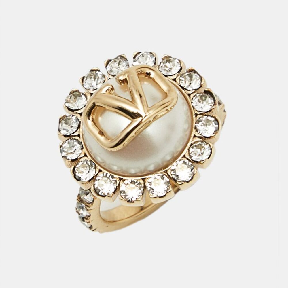 Valentino Vlogo Faux Pearl Crystals Gold Tone Ring Size 51 - Picture 3 of 5